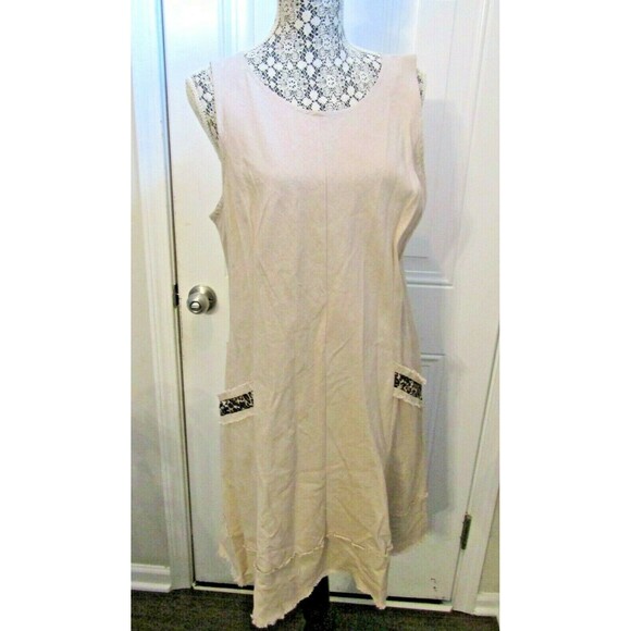 Roz & Ali Dress Khaki Linen Leopard Animal Print Trim Womens Size 16 - Picture 2 of 9